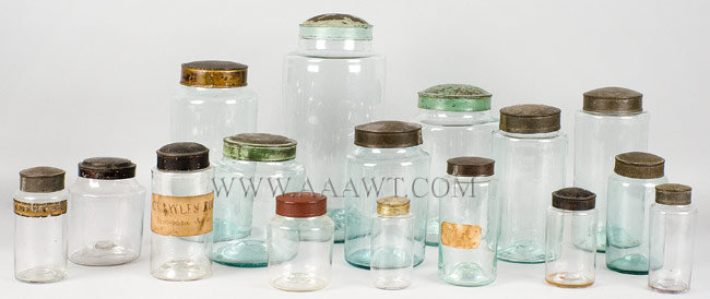 Blown Glass Storage Jars, Apothecary Jars
Painted, Japanned and Tin Lids
Lot of Sixteen, including rare small sizes
19th Century, group view